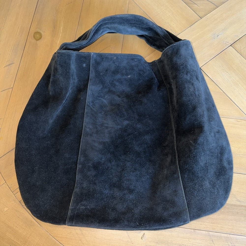 Vintage Black Suede Leather Shoulder Tote Bag Large Slouchy Brown Lining